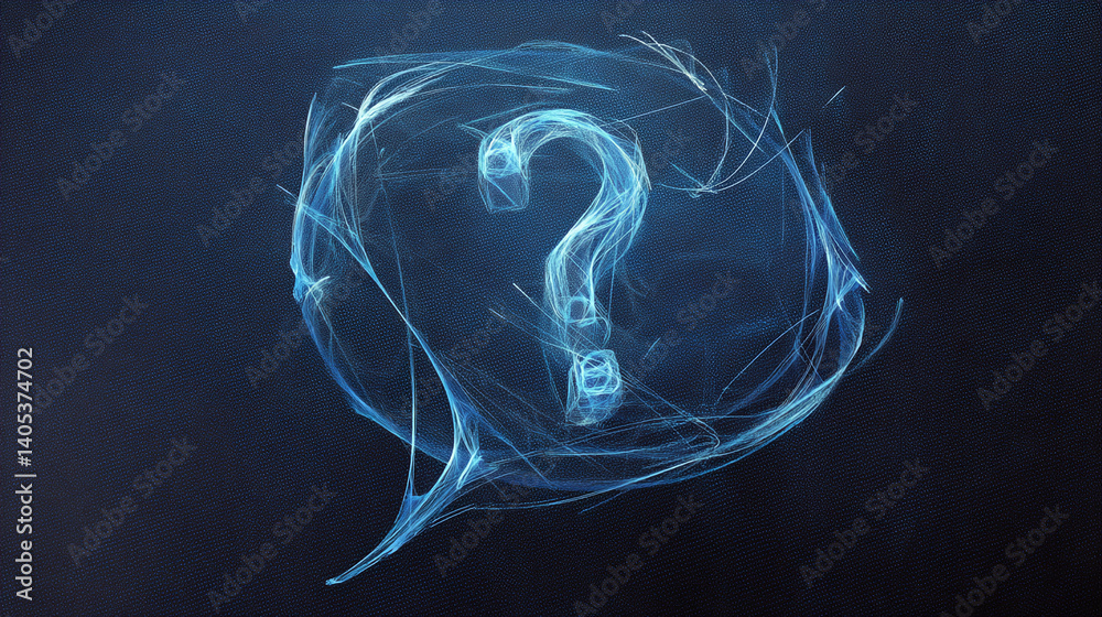 Poster glowing blue question mark in a speech bubble, abstract digital design, evokes curiosity and inquiry