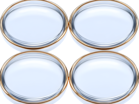 Abstract 3D Render of Four Transparent Spheres with Gold Rims on White - Powered by Adobe