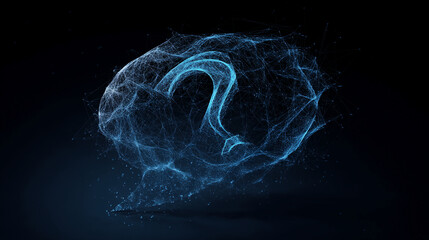 Abstract blue question mark in a speech bubble, formed by interconnected points of light against a dark background, symbolizing inquiry, communication, and digital interaction