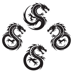 Vector Black silhouettes. illustration, set of round tribal dragon tattoo designs, with white background