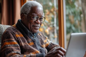 African American senior citizen working on laptop computer