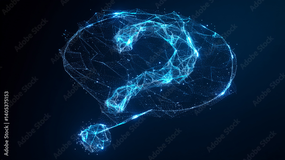 Poster glowing blue question mark, formed from particles, on dark background, represents inquiry, curiosity