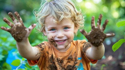 a kid with soil-covered hands enjoys gardening outsides, living the sustainable lifestyle from an early age