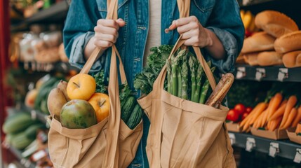 a person carrying eco bags filled with bread, fruits, and vegetables, embracing a conscious and healthy lifestyle
