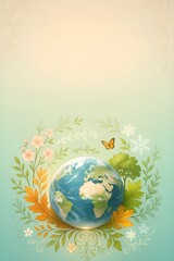 Glowing Earth Globe with Pollinators and Botanical Elements, Environmental Protection Art, Harmonious Earth Ecosystem, Hummingbirds, Butterfly and Water Cycle Illustration
