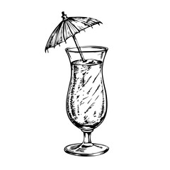 A glass of a tropical drink with a straw and a parasol