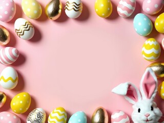 Easter eggs party. Top view photo of easter bunny ears white pink blue and yellow eggs on pink background. Congratulatory easter background.