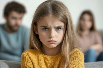Frustrated kid girl feels upset, offended or bored ignoring avoiding worried parents and brother, little sad sister not talking to child boy after fight sulking sitting on couch, siblings