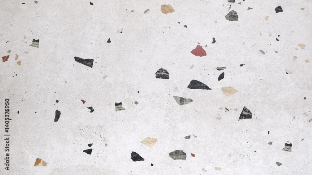 Poster white and yellow textured background with lots of colorful stones. tiles are scattered all over the 