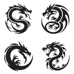 Naklejka premium Vector Black silhouettes. illustration, set of round tribal dragon tattoo designs, with white background