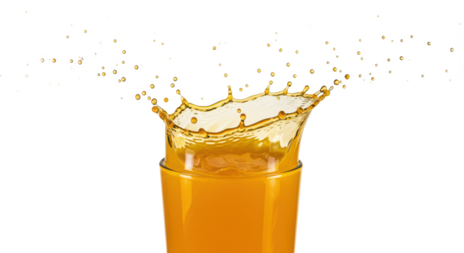 A glass of orange juice with a splash against a black background creating a dynamic and refreshing image