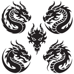 Vector Black silhouettes. illustration, set of round tribal dragon tattoo designs, with white background