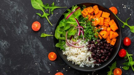 Top view of vegan burrito bowl with rice, sweet potatoes, and black beans