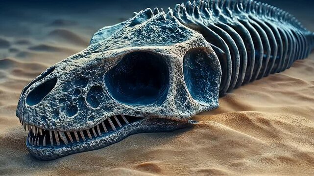 Ancient Animal Skeleton Fossil Half Buried in Sand on Ocean Floor


