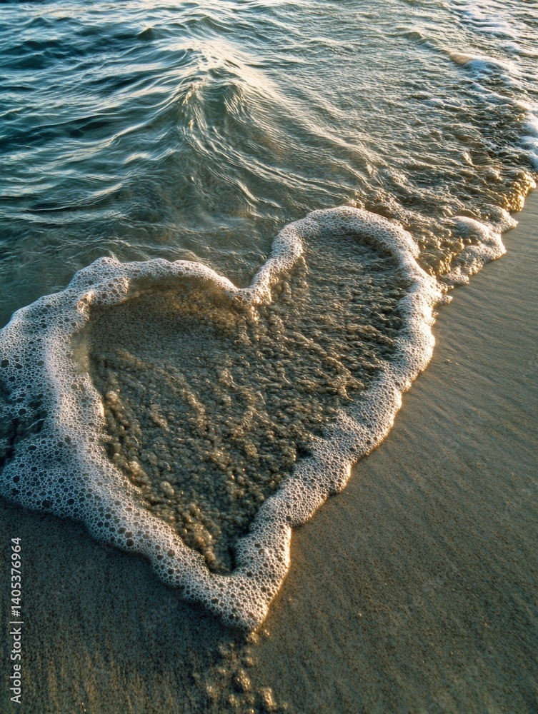 Poster Ocean waves create a heartbeat line, symbolizing the connection of life and water at a serene beach during sunset