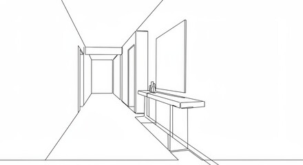 Minimalist continuous line drawing of hallway with console table and mirror art