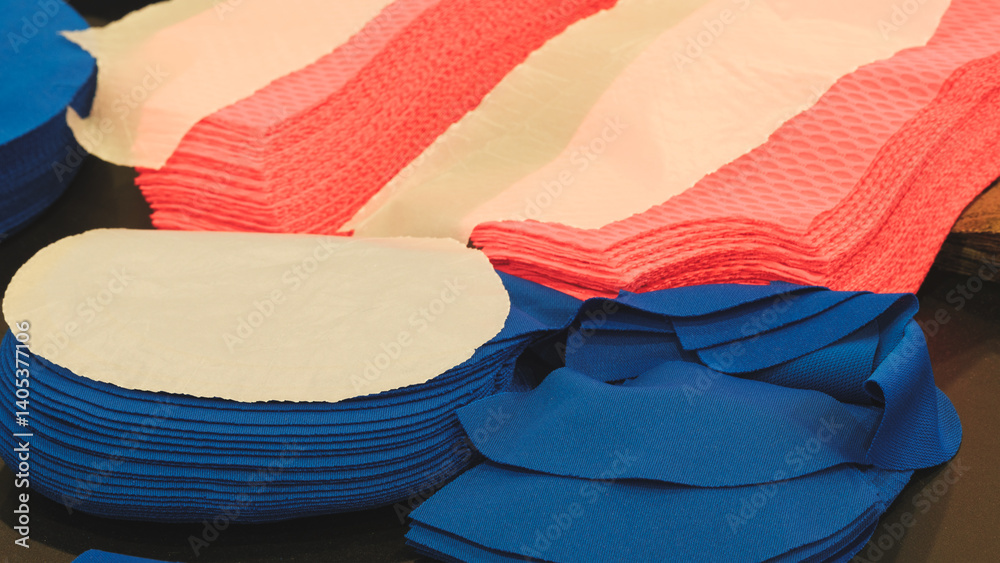 Poster A stack of blue and red pieces of cloth are stacked on top of each other.