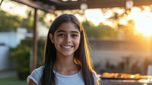 Smiling hispanic girl at outdoor bbq during sunset