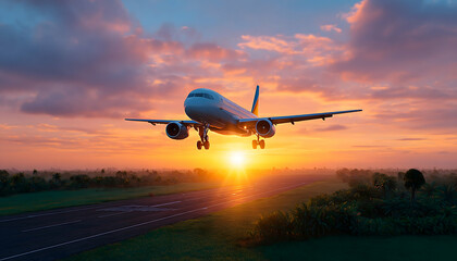Fototapeta premium Airplane landing at sunset over tropical runway. Generative AI