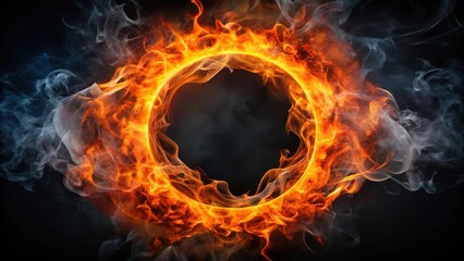 A burning flame with a vibrant orange color, surrounded by a circle of dark smoke