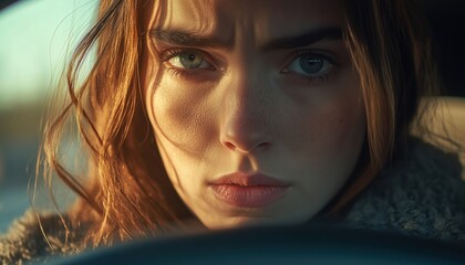 Woman Frustrated While Driving. Girl Trapped In Congested Traffic. Road Rage And Impatience Behind The Wheel. Feeling Irritated In The Car.