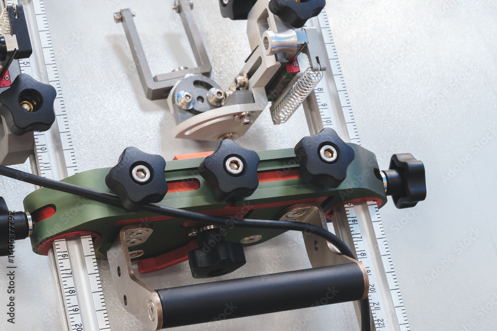 Poster Industrial measuring system with two rulers and locking screws and electronic motion sensors, industrial concept background