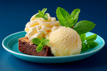 Brownie, vanilla ice cream, and whipped cream dessert on a plate. Generative AI