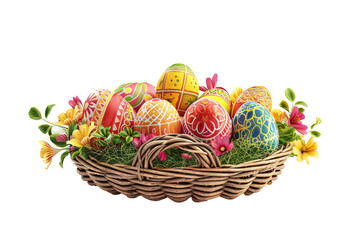 Wicker basket filled with hand-painted colorful eggs, nestled amid flowers and green moss on a transparent background