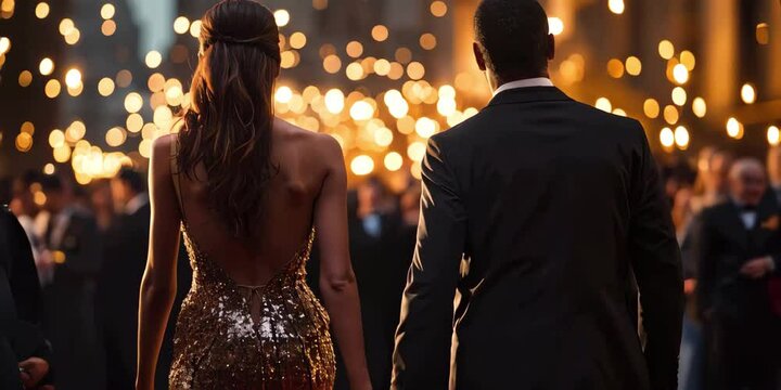 Elegant couple back view attends luxury gala event in the evening. Woman in gold fashion dress, man in suit. Romance, bokeh lights, celebration concept. 4K Video Footage.