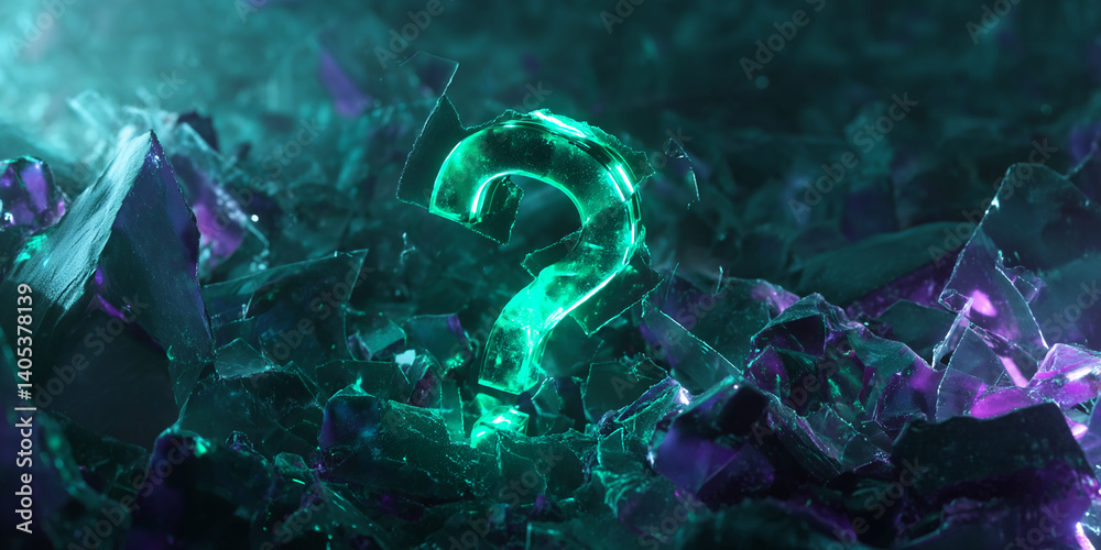 Poster glowing teal question mark emerges from shattered glass shards, creating a dramatic, enigmatic scene
