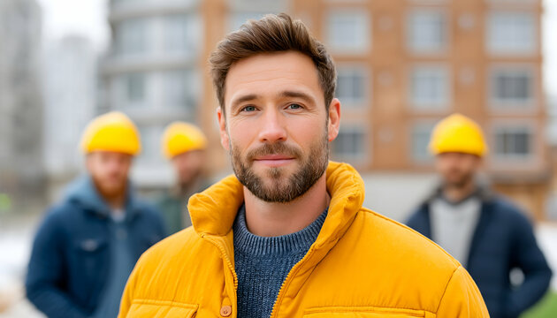 Confident construction foreman in yellow jacket, with team blurred in background. Generative AI