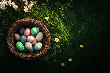 Vibrant Easter Basket on Grass with Eggs & Flowers – Top-Down Stock Photo with Text Space
