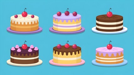 Colorful Birthday Cakes Collection on Blue Background – Flat Design Illustration
