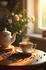 Fototapeta premium Tea time with vintage porcelain and morning sunlight