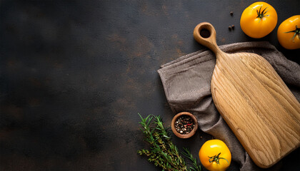 culinary background with empty wooden cutting board spices yellow tomatoes and linen napkin dark grunge background top view flat lay copy space
