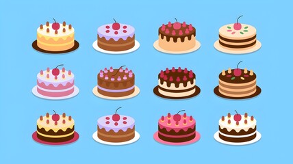 Colorful Birthday Cakes Collection on Blue Background – Flat Design Illustration
