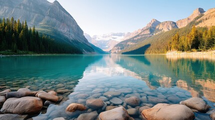 A serene lake reflects majestic mountains and lush forests, creating a picturesque natural landscape.