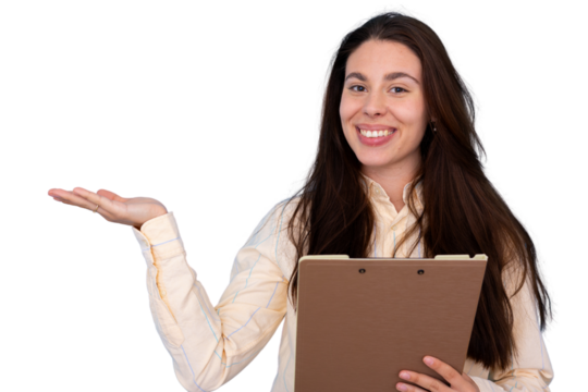 Young businesswoman is holding a clipboard and gesturing with her hand showing something on a transparent background