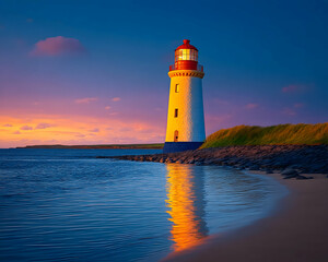 Obraz premium Majestic coastal lighthouse at sunset, reflecting in calm waters. Generative AI