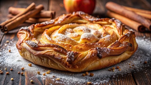A close-up shot of a crispy, golden-brown homemade Dutch appelflappen pastry, topped with a caramelized sugar crust and sprinkled with cinnamon powder , sweet, appelflappen