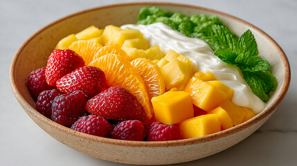 Rainbow fruit salad with yogurt and mint in a bowl. Generative AI