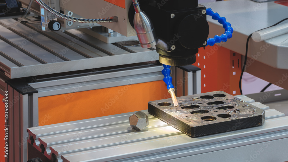 Aufkleber a machine is working on a piece of metal. the machine is orange and silver. the machine is making a 