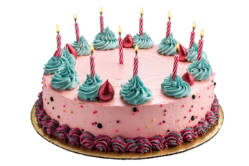 A frosted pink cake decorated with blue frosting, red candies, and lit candles on a golden cake board