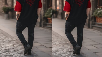Fototapeta premium Stylish Person Walking City Street Tattooed Arm of excellence in splendor beyond compare with grace