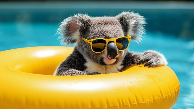 In a pool, a koala is seen relaxing on a yellow inflatable ring, sporting sunglasses and capturing the essence of summer vibes. Close-up view with copy space. Banner vacation and summer holiday