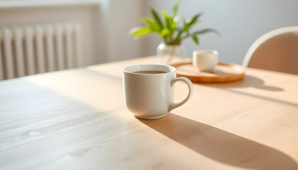 Obraz premium Cozy interior, morning light, white ceramic mug, wooden table, soft focus, warm ambiance, kitchen countertop, window in background, yellow flowers, minimalist style, hygge