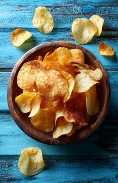 Naklejki Ridiculous photo of potato chips in a bowl on blue wooden table