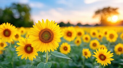 Fototapeta premium A vibrant field of sunflowers blooms under a colorful sunset, showcasing bright yellow petals and lush green leaves.