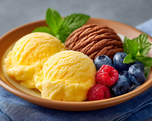 Two scoops vanilla, one scoop chocolate ice cream with raspberries and blueberries. Generative AI