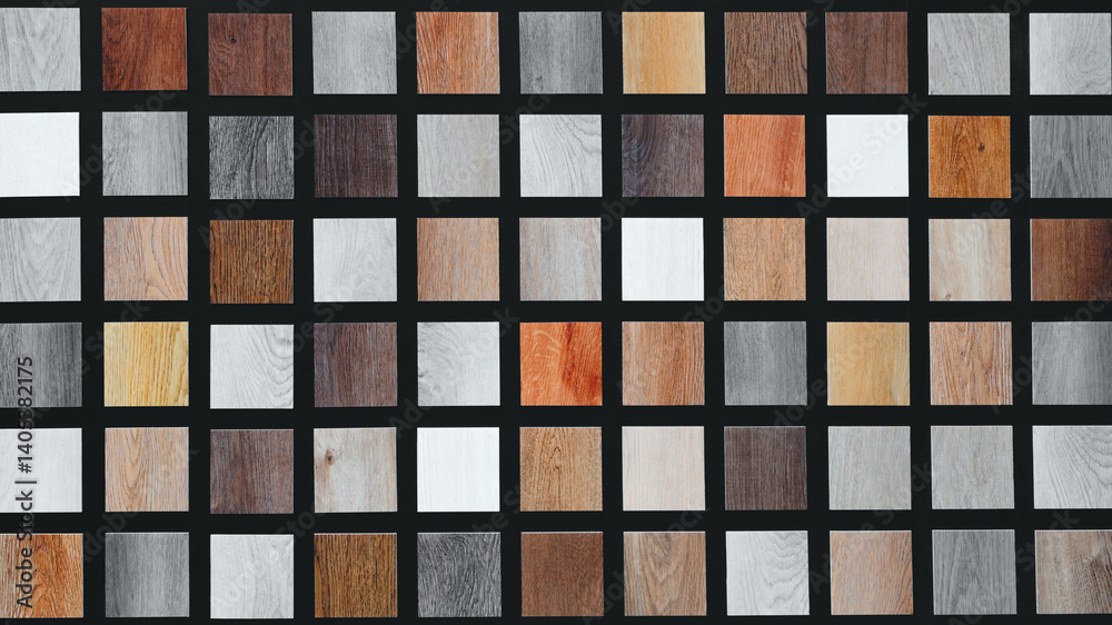Leinwandbilder Multicolored wood samples as a textured abstract background. Samples are arranged in a grid. Samples have different colors and sizes